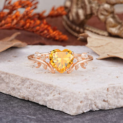 Nature Inspired 4 Prong Heart Shaped Citrine Wedding Ring