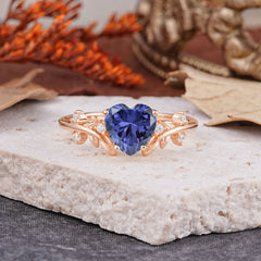 Nature Inspired 4 Prong Heart Shaped Tanzanite Wedding Ring