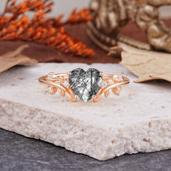 Nature Inspired 4 Prong Heart Shaped Black Rutilated Quartz Wedding Ring