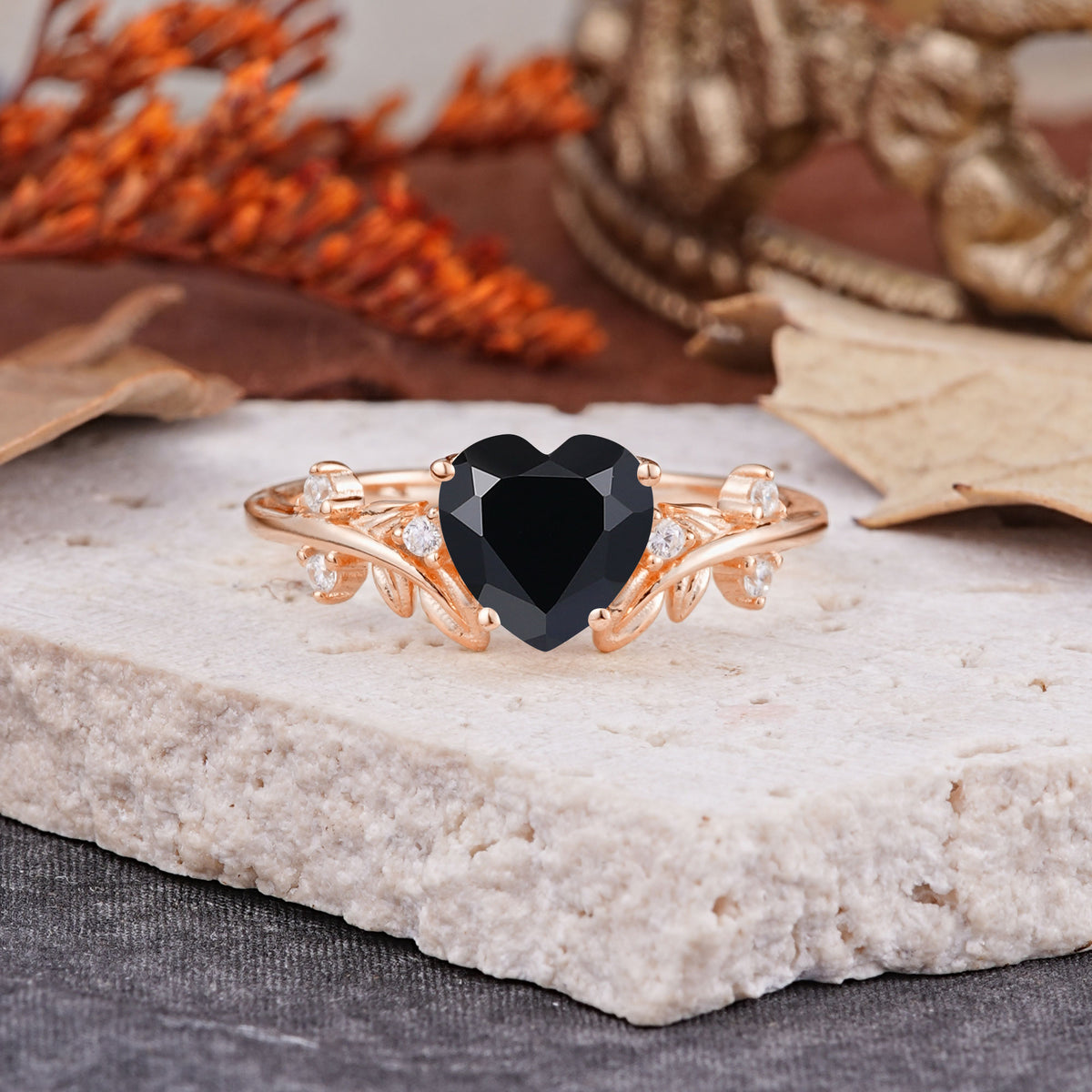 Nature Inspired 4 Prong Heart Shaped Black Onyx Engagement Ring - Romalar Jewelry