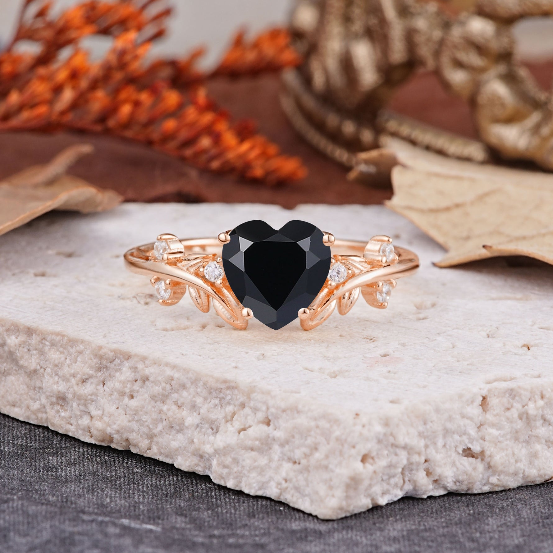 Nature Inspired 4 Prong Heart Shaped Black Onyx Engagement Ring - Romalar Jewelry