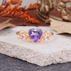 Nature Inspired 4 Prong Heart Shaped Amethyst Wedding Ring