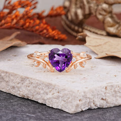 Nature Inspired 4 Prong Heart Shaped Amethyst Wedding Ring