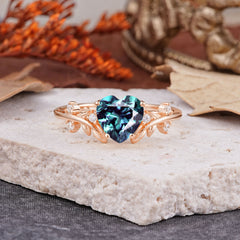Nature Inspired 4 Prong Heart Shaped Alexandrite Wedding Ring