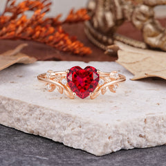 Nature Inspired 4 Prong Heart Shaped Ruby Wedding Ring
