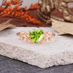 Nature Inspired 4 Prong Heart Shaped Peridot Wedding Ring