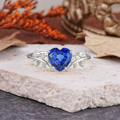 Nature Inspired 4 Prong Heart Shaped Sapphire Wedding Ring