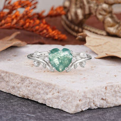 Nature Inspired 4 Prong Heart Shaped Moss Agate Wedding Ring