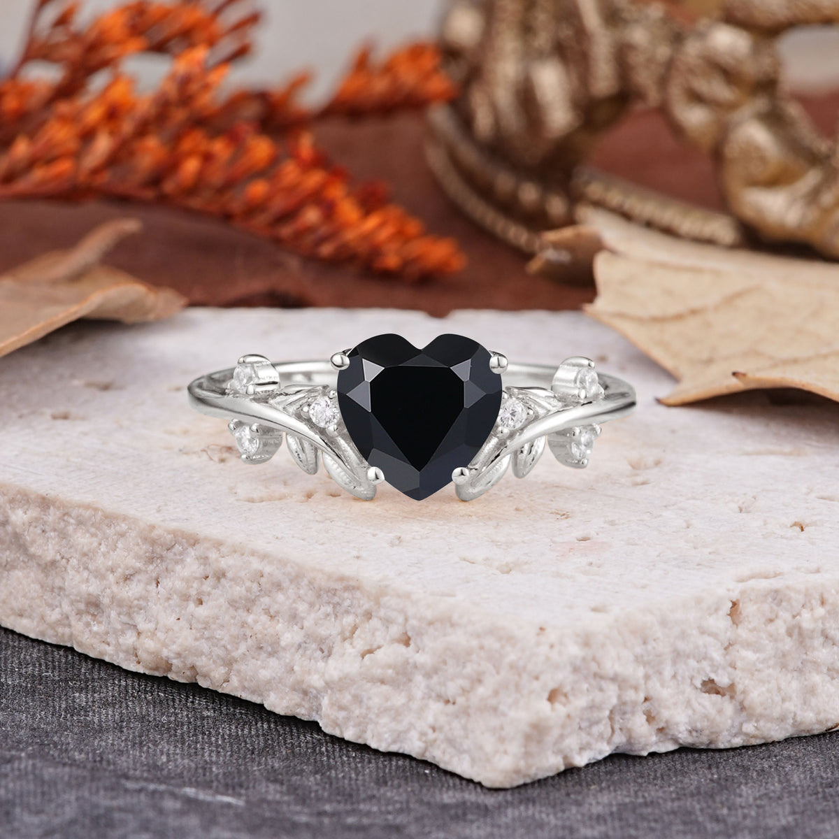 Nature Inspired 4 Prong Heart Shaped Black Onyx Engagement Ring - Romalar Jewelry