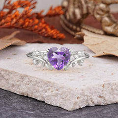 Nature Inspired 4 Prong Heart Shaped Amethyst Wedding Ring