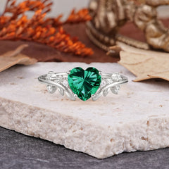 Nature Inspired 4 Prong Heart Shaped Emerald Wedding Ring