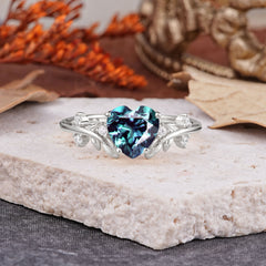 Nature Inspired 4 Prong Heart Shaped Alexandrite Wedding Ring