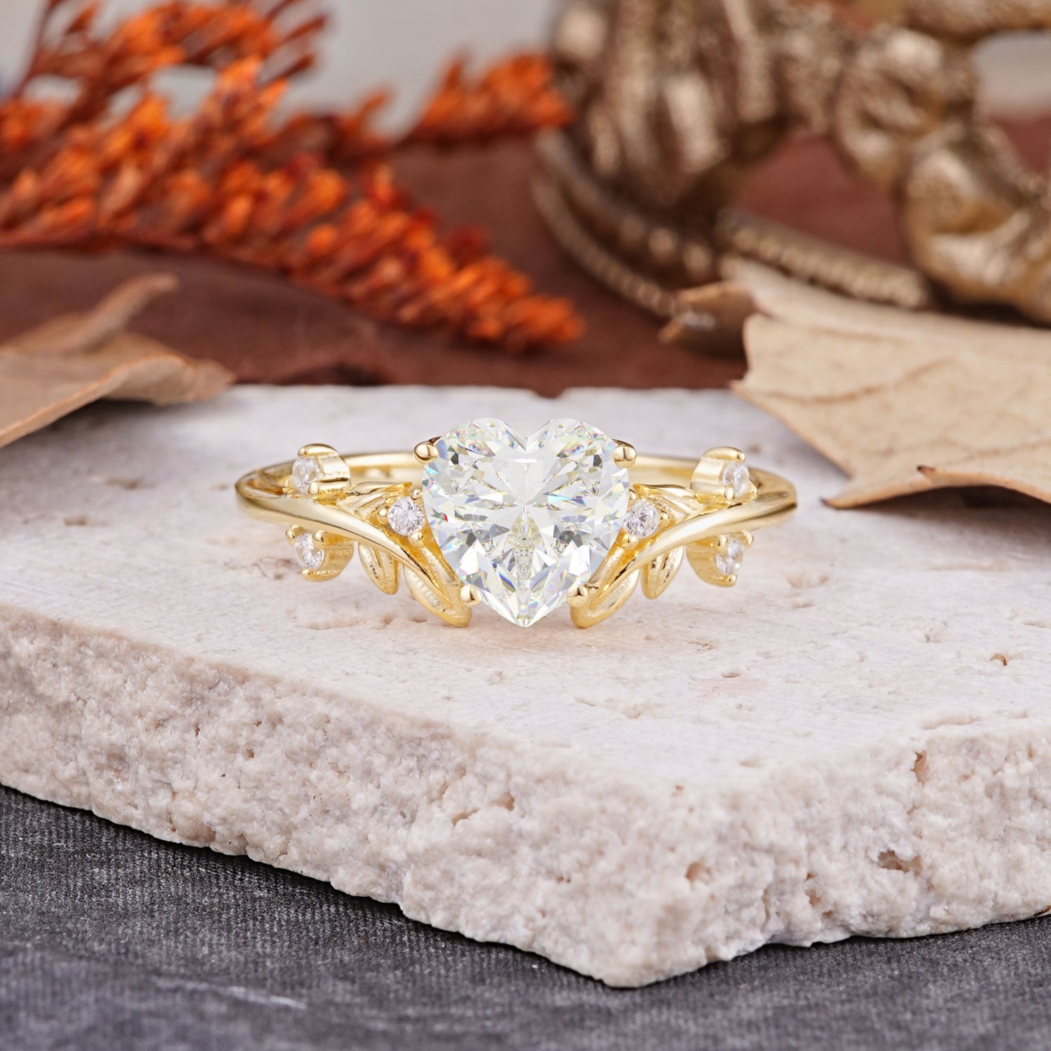 Nature Inspired 4 Prong Heart Shaped Moissanite Engagement Ring