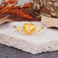 Nature Inspired 4 Prong Heart Shaped Citrine Wedding Ring