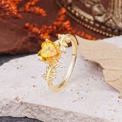 Nature Inspired 4 Prong Heart Shaped Citrine Wedding Ring