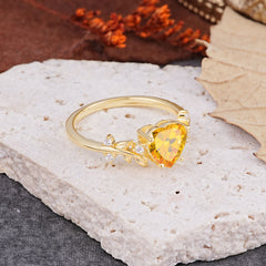 Nature Inspired 4 Prong Heart Shaped Citrine Wedding Ring
