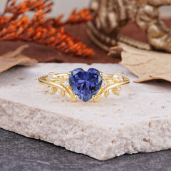Nature Inspired 4 Prong Heart Shaped Tanzanite Wedding Ring