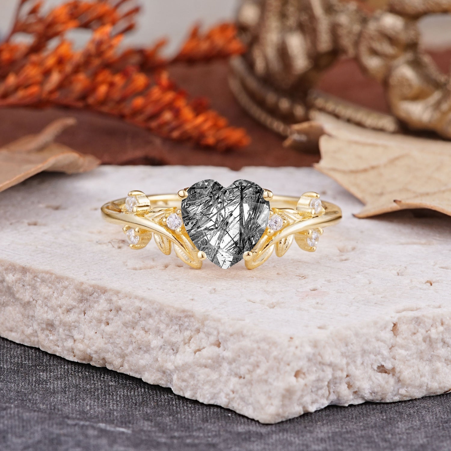 Nature Inspired 4 Prong Heart Shaped Black Rutilated Quartz Engagement Ring