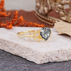 Nature Inspired 4 Prong Heart Shaped Black Rutilated Quartz Wedding Ring