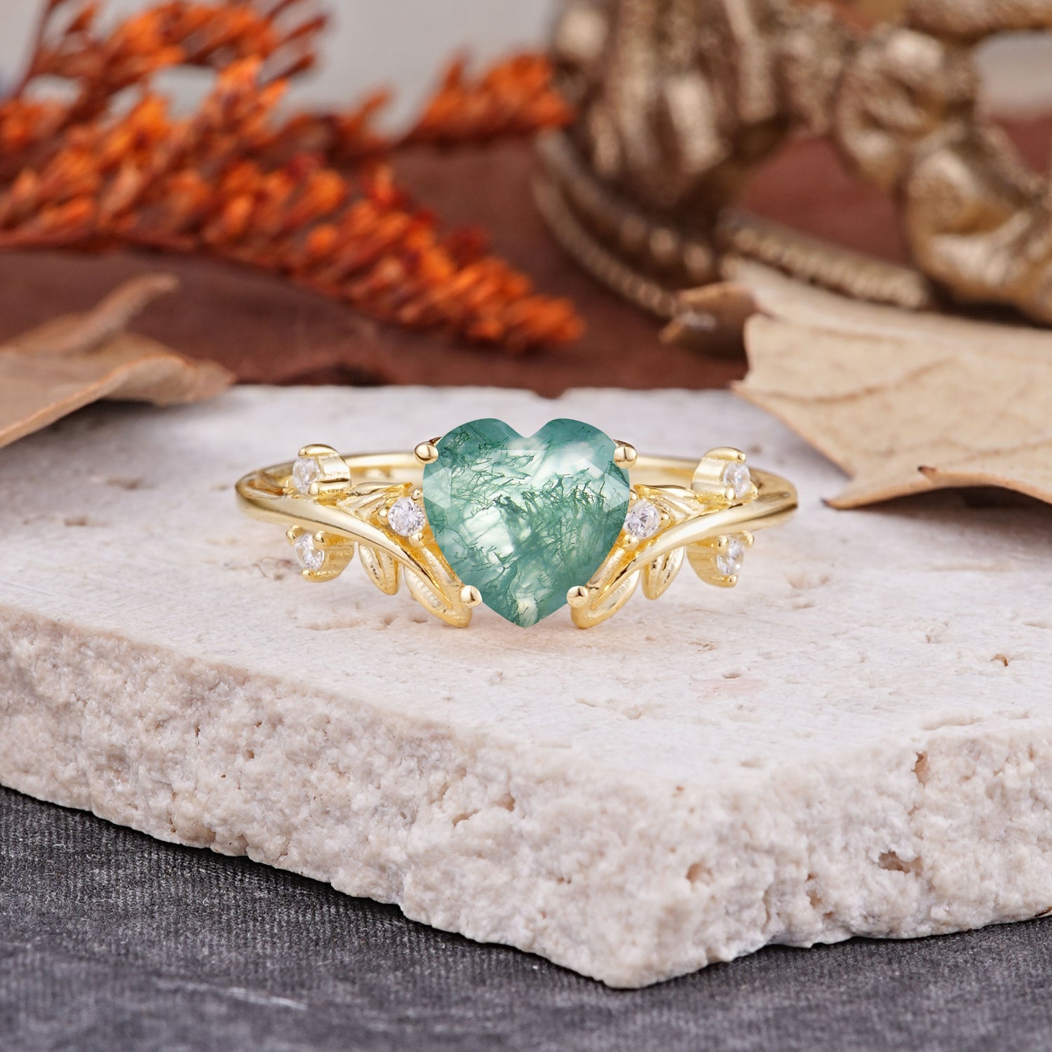 Nature Inspired 4 Prong Heart Shaped Moss Agate Engagement Ring