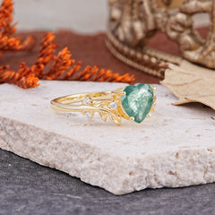 Nature Inspired 4 Prong Heart Shaped Moss Agate Wedding Ring