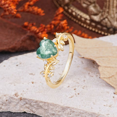 Nature Inspired 4 Prong Heart Shaped Moss Agate Wedding Ring