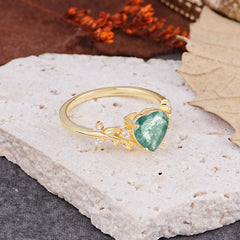 Nature Inspired 4 Prong Heart Shaped Moss Agate Wedding Ring