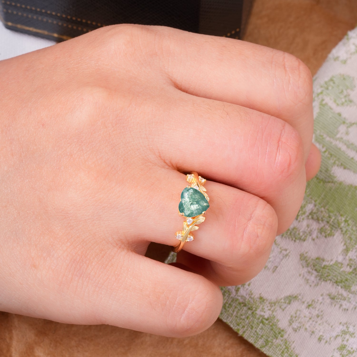 Nature Inspired 4 Prong Heart Shaped Moss Agate Engagement Ring