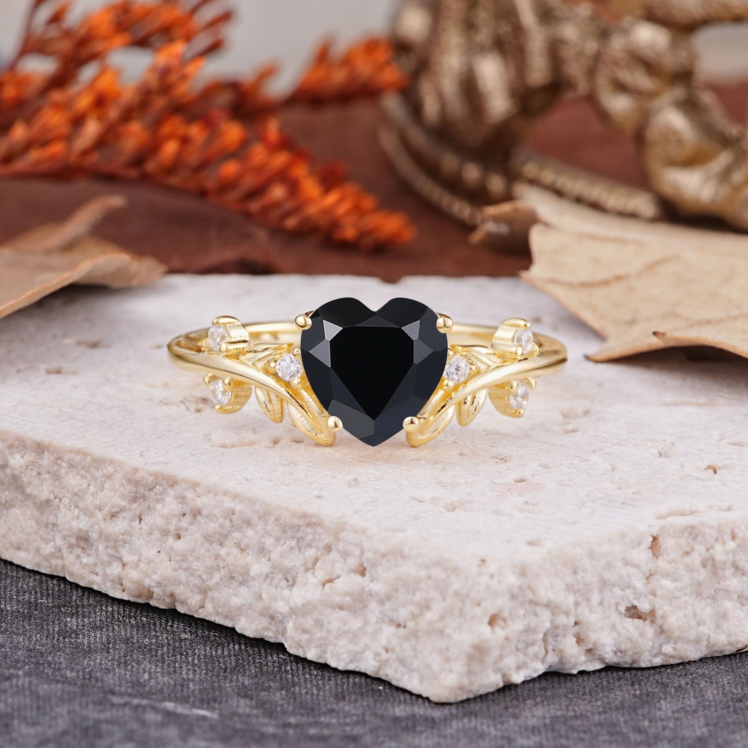 Nature Inspired 4 Prong Heart Shaped Black Onyx Engagement Ring - Romalar Jewelry