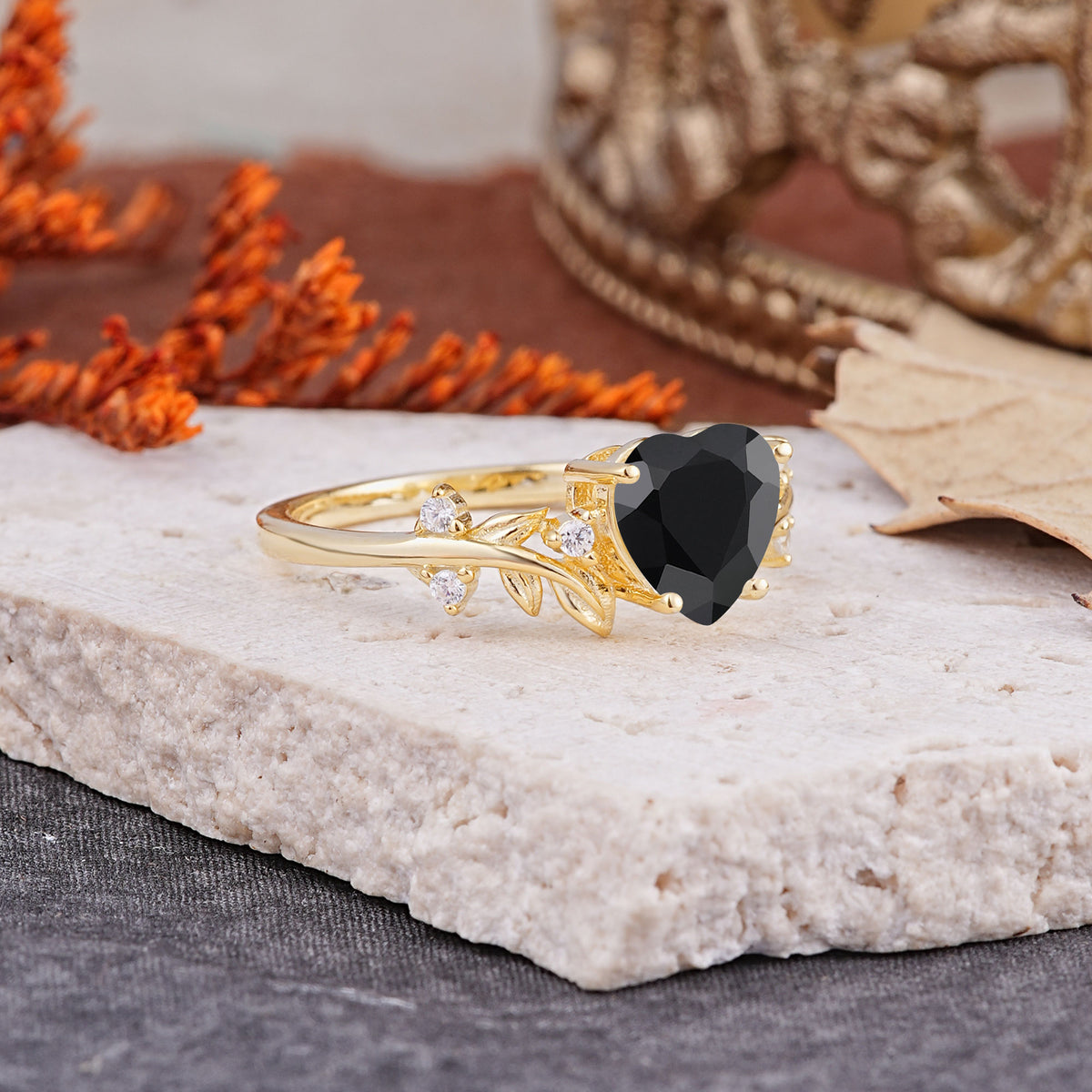 Nature Inspired 4 Prong Heart Shaped Black Onyx Engagement Ring - Romalar Jewelry