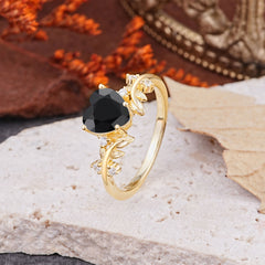 Nature Inspired 4 Prong Heart Shaped Black Onyx Wedding Ring
