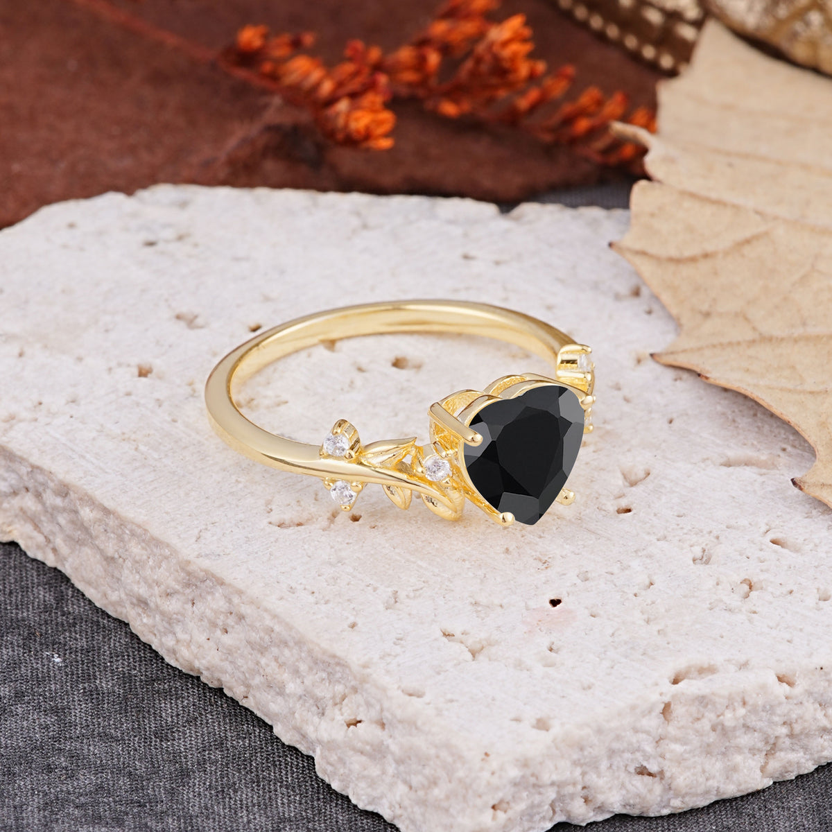 Nature Inspired 4 Prong Heart Shaped Black Onyx Engagement Ring - Romalar Jewelry