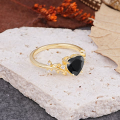 Nature Inspired 4 Prong Heart Shaped Black Onyx Wedding Ring