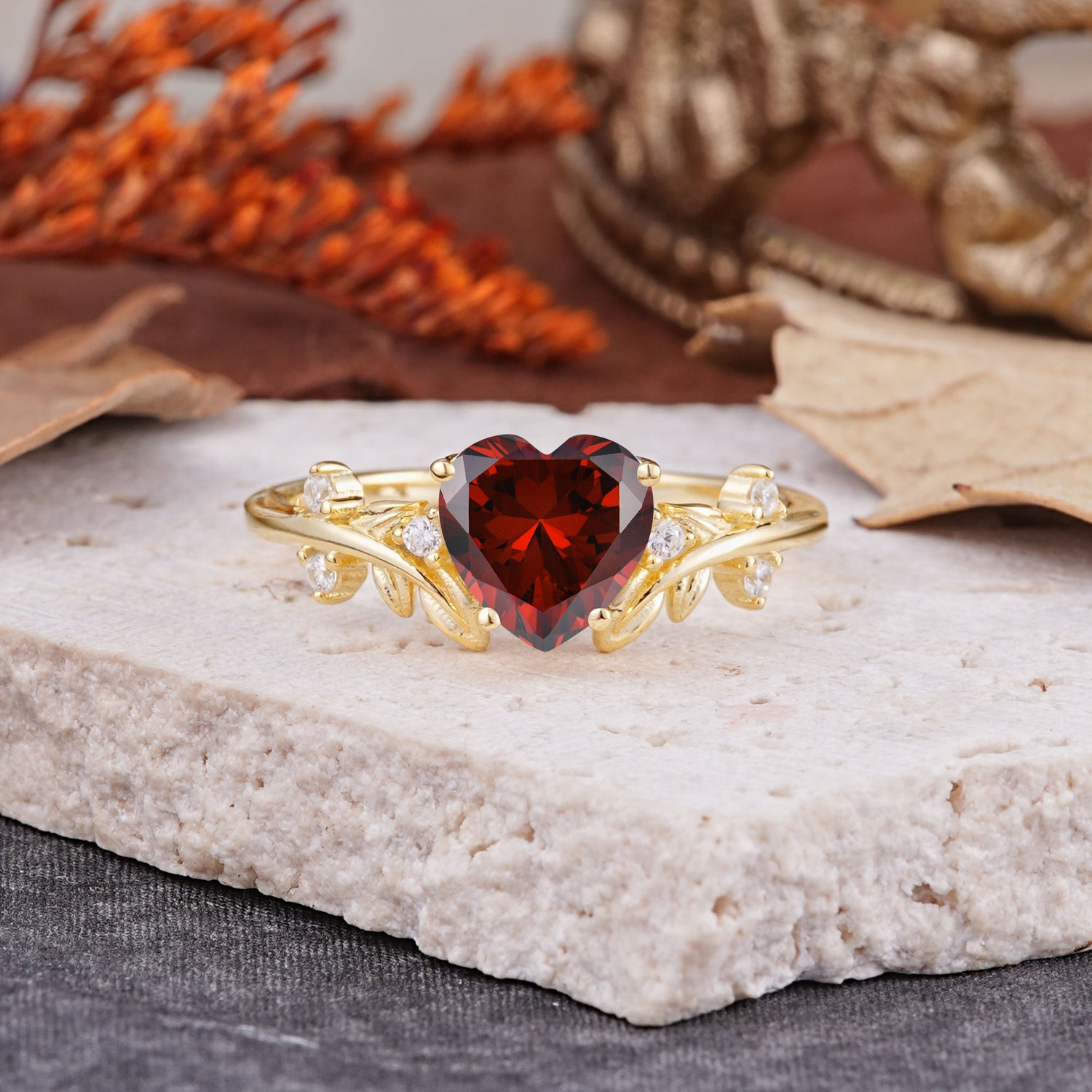 Nature Inspired 4 Prong Heart Shaped Garnet Engagement Ring