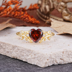 Nature Inspired 4 Prong Heart Shaped Garnet Wedding Ring