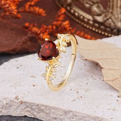 Nature Inspired 4 Prong Heart Shaped Garnet Wedding Ring
