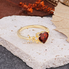 Nature Inspired 4 Prong Heart Shaped Garnet Wedding Ring