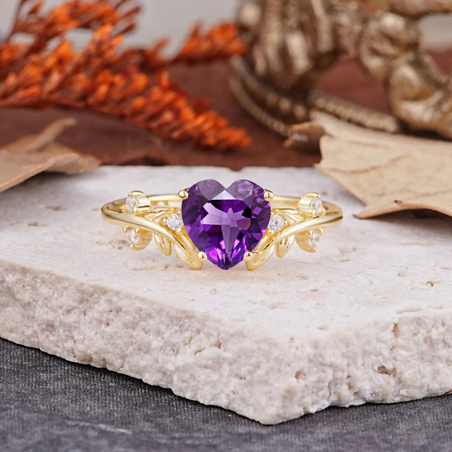 Nature Inspired 4 Prong Heart Shaped Amethyst Engagement Ring