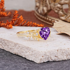 Nature Inspired 4 Prong Heart Shaped Amethyst Wedding Ring