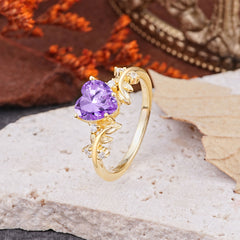 Nature Inspired 4 Prong Heart Shaped Amethyst Wedding Ring