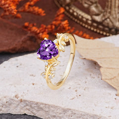 Nature Inspired 4 Prong Heart Shaped Amethyst Wedding Ring