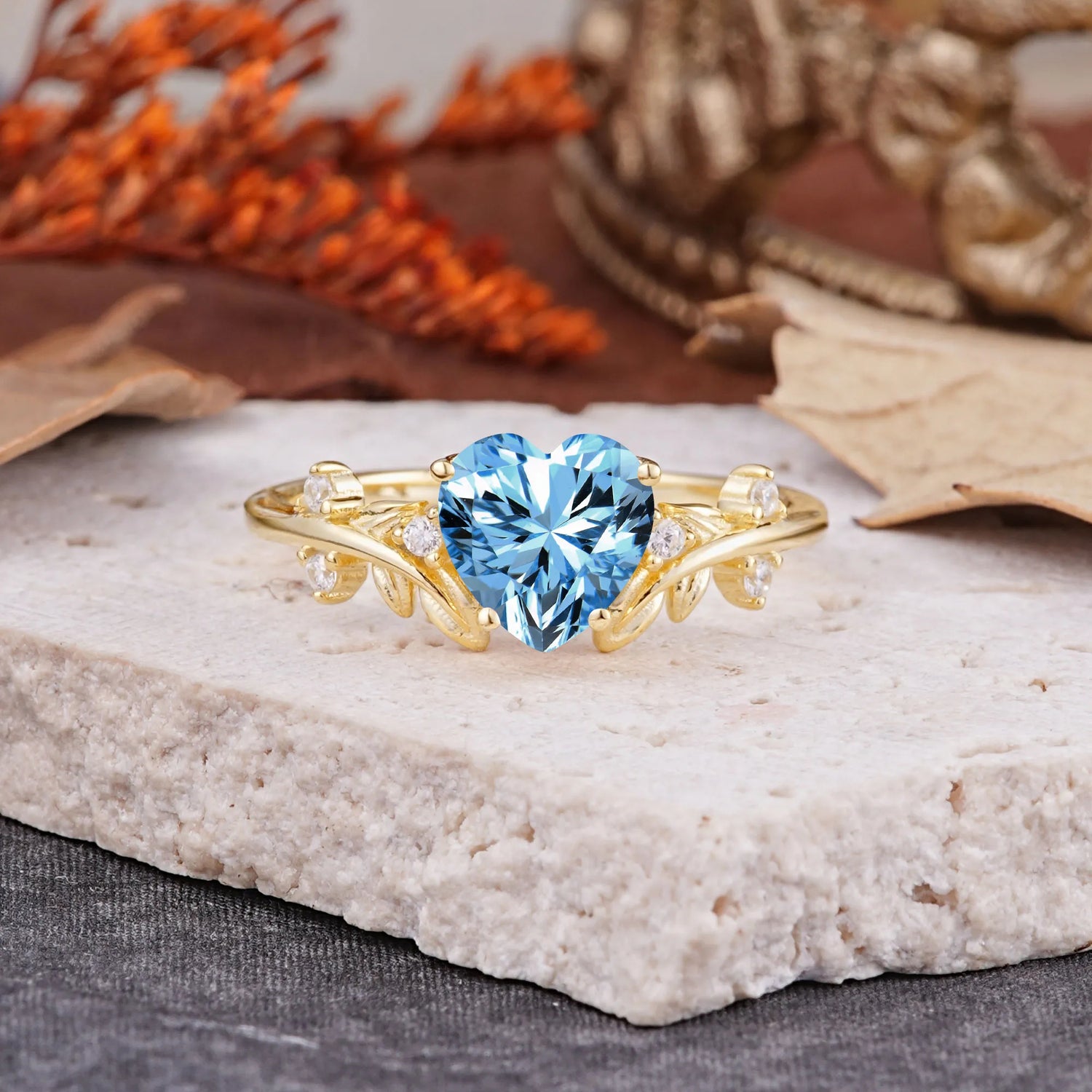 Nature Inspired 4 Prong Heart Shaped Aquamarine Engagement Ring