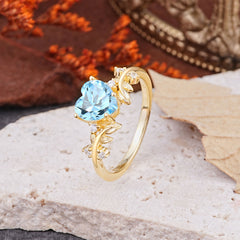 Nature Inspired 4 Prong Heart Shaped Aquamarine Wedding Ring