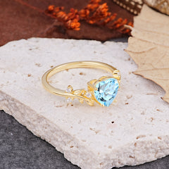 Nature Inspired 4 Prong Heart Shaped Aquamarine Wedding Ring