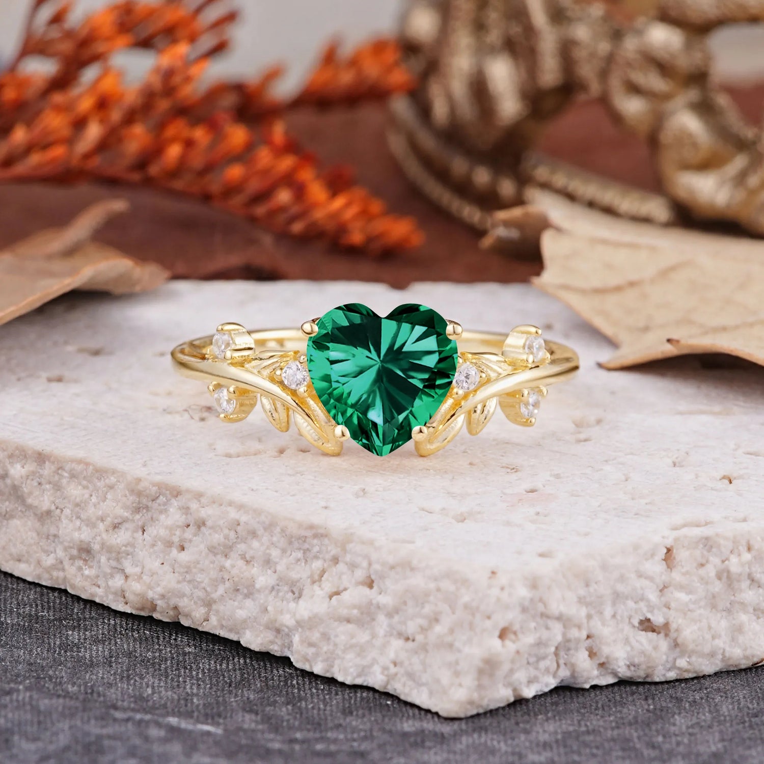 Nature Inspired 4 Prong Heart Shaped Emerald Engagement Ring - Romalar Jewelry
