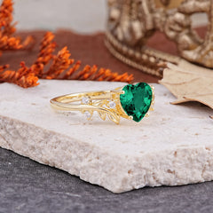 Nature Inspired 4 Prong Heart Shaped Emerald Wedding Ring