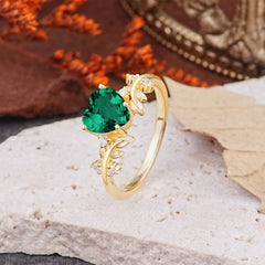 Nature Inspired 4 Prong Heart Shaped Emerald Wedding Ring