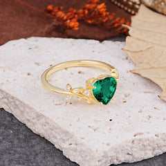 Nature Inspired 4 Prong Heart Shaped Emerald Wedding Ring
