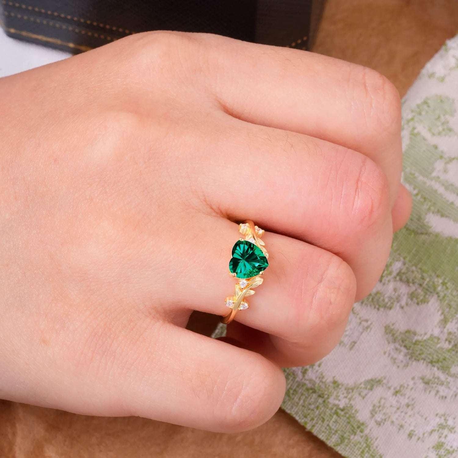 Nature Inspired 4 Prong Heart Shaped Emerald Engagement Ring - Romalar Jewelry