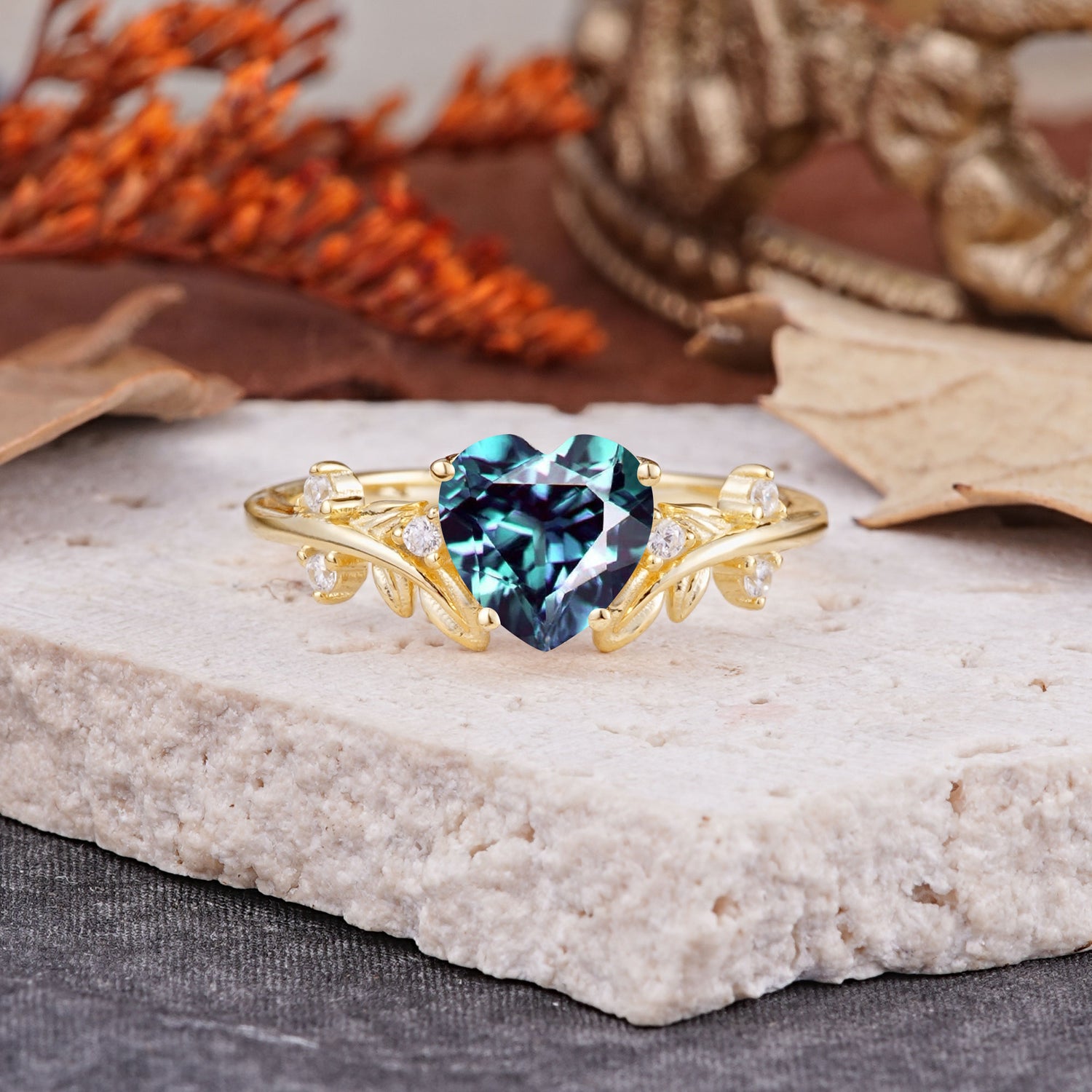 Nature Inspired 4 Prong Heart Shaped Alexandrite Engagement Ring